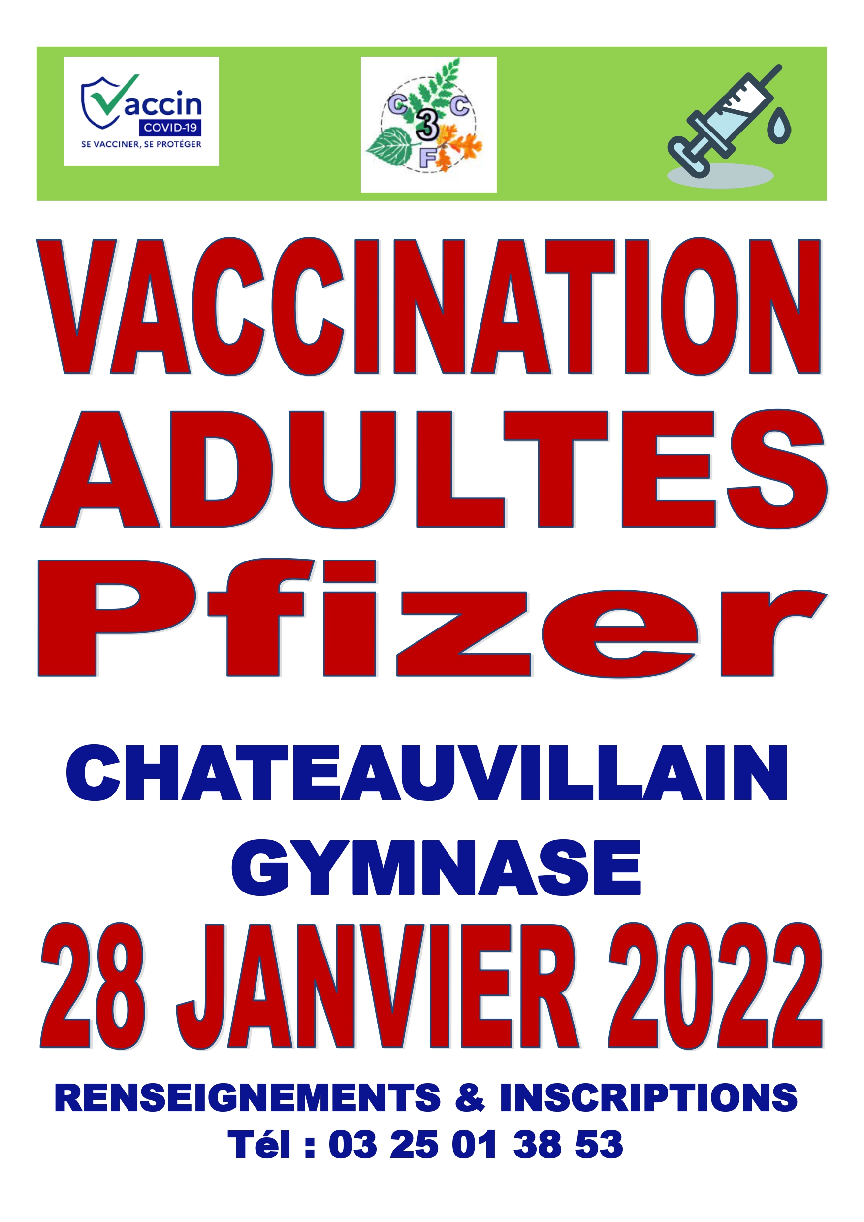 Vaccination adultes Pfizer – Vendredi 28 janvier – Châteauvillain