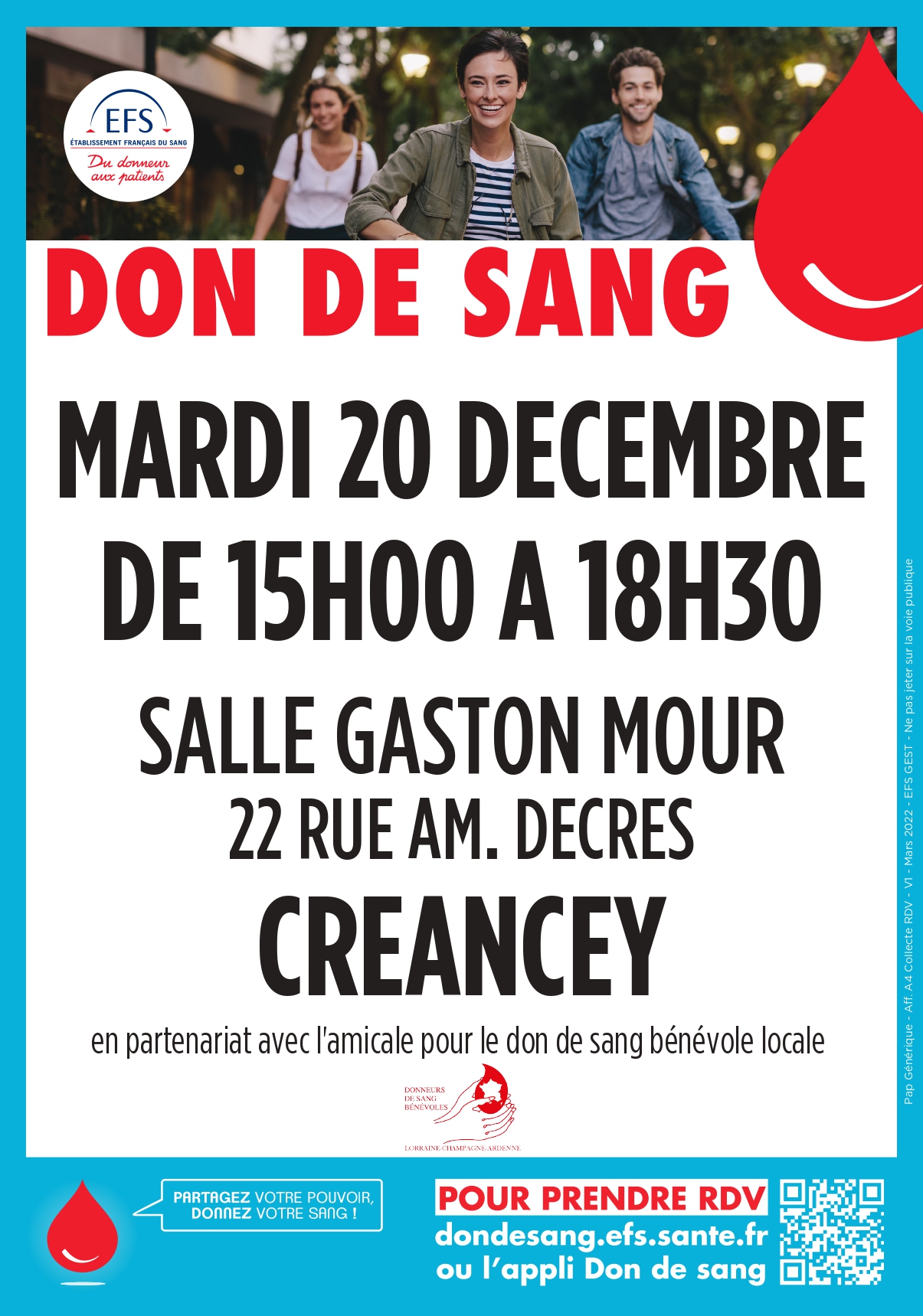 DON DE SANG – CREANCEY – MARDI 20 DECEMBRE 2022
