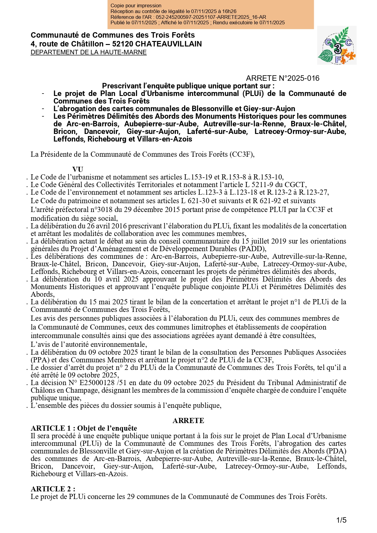 PLUi CC3F : Arrêté n°2025-016 de la Présidente de la CC3F