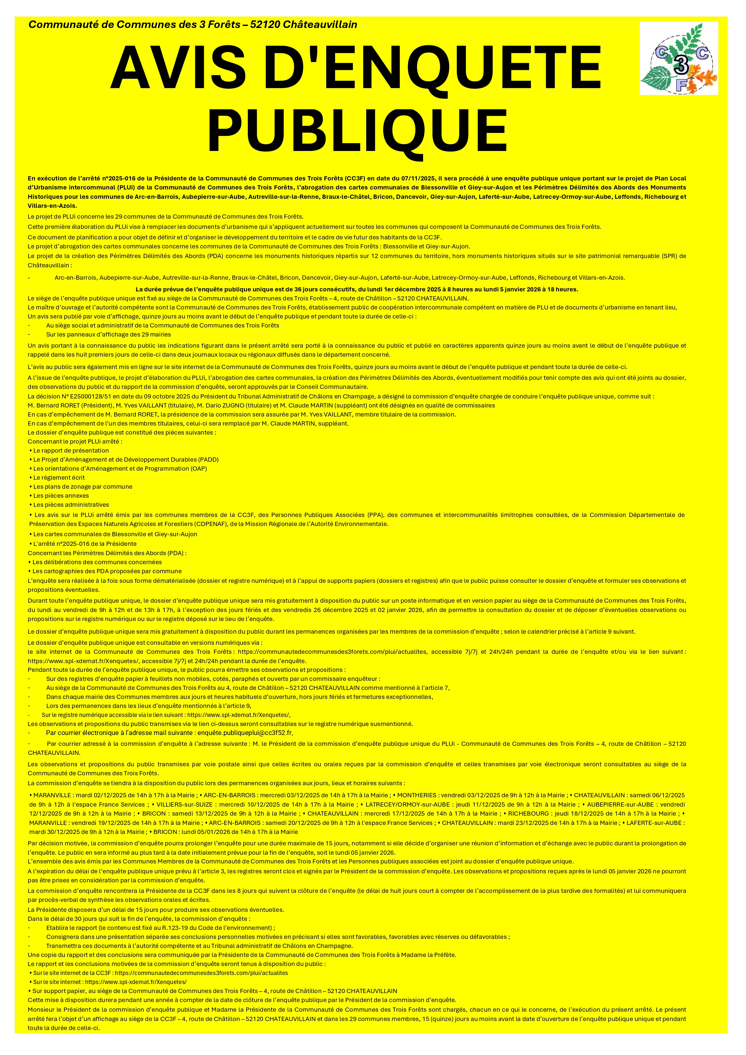 PLUi CC3F : Avis d’enquête publique