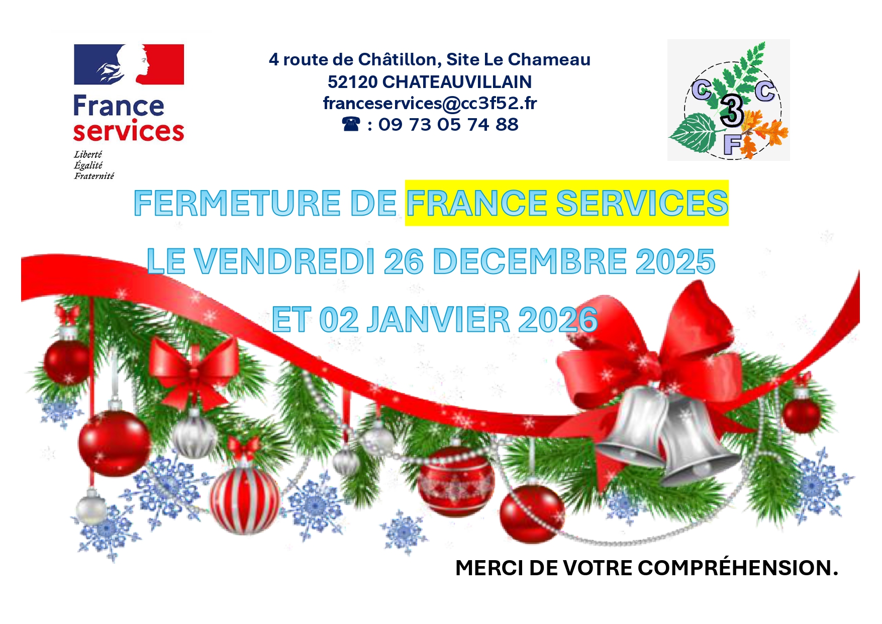 Fermetures exceptionnelles de l’Espace France Services de la CC3F